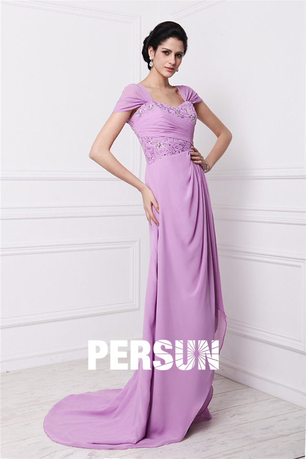 Modern Embroidery Purple Tone Chiffon Sweep Train Long Formal Dress