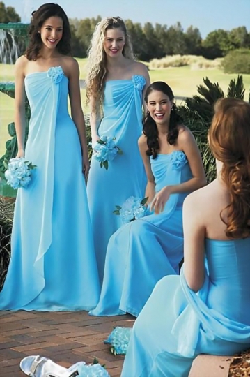 Chic Flower Strapless A Line Chiffon Long Blue Bridesmaid Dress Persun