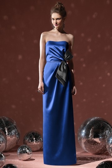 Satin Strapless Pleats Bows Long Column Bridesmaid Dress