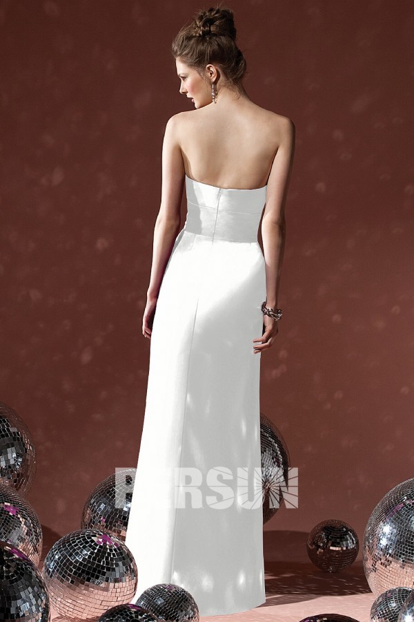 New Pleats Ribbon Strapless Satin Long Column Formal Bridesmaid Dress