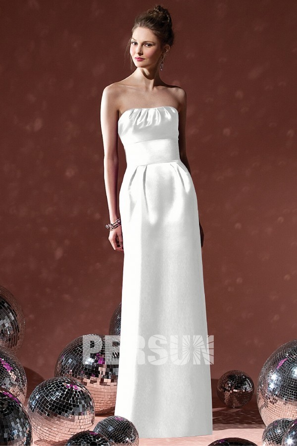 New Pleats Ribbon Strapless Satin Long Column Formal Bridesmaid Dress