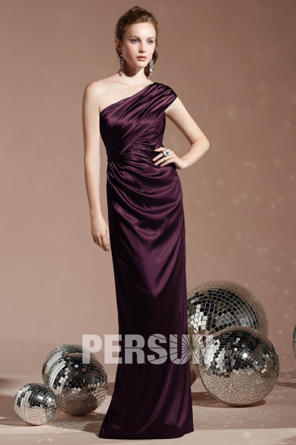 Elegant Pleated One Shoulder Satin Column Long Formal Bridesmaid Dress