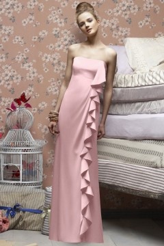 Ruffles Strapless Soft Satin Pink A line Long Formal Bridesmaid Dress