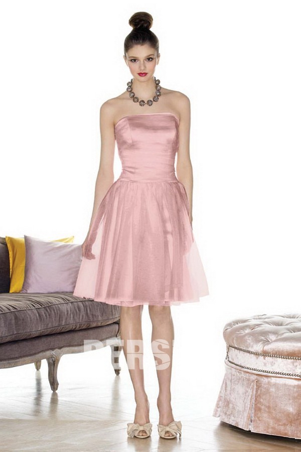 Simple Ribbon Strapless Taffeta Pink A line Formal Bridesmaid Dress