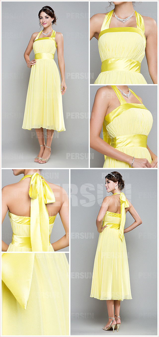  yellow tea length bridesmaid dress details
