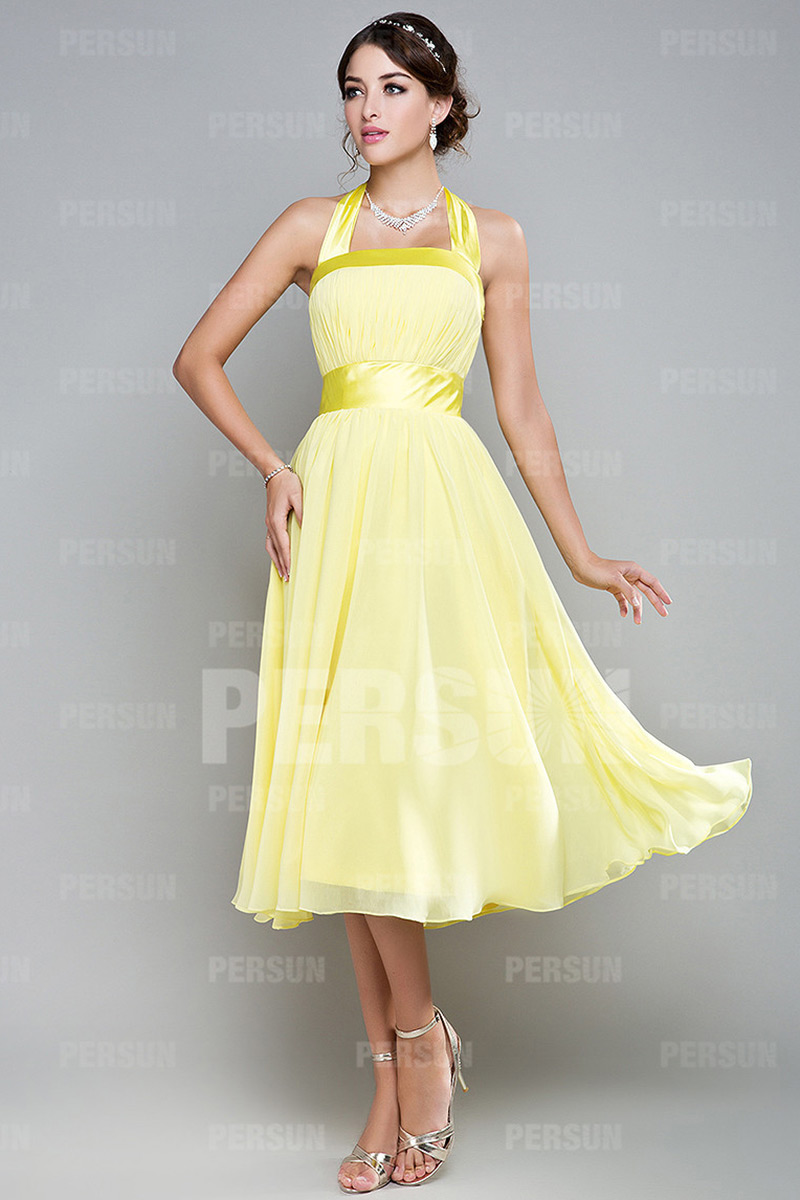Cute Ribbon Pleats Halter Chiffon Yellow A line Tea length Formal Bridesmaid Dress