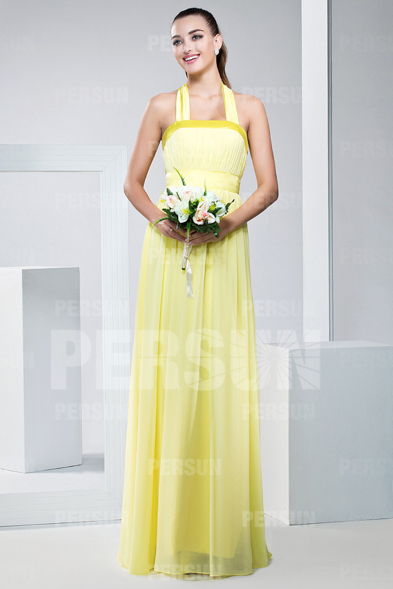 Cute Ribbon Pleats Halter Chiffon Yellow A line Formal Bridesmaid Dress