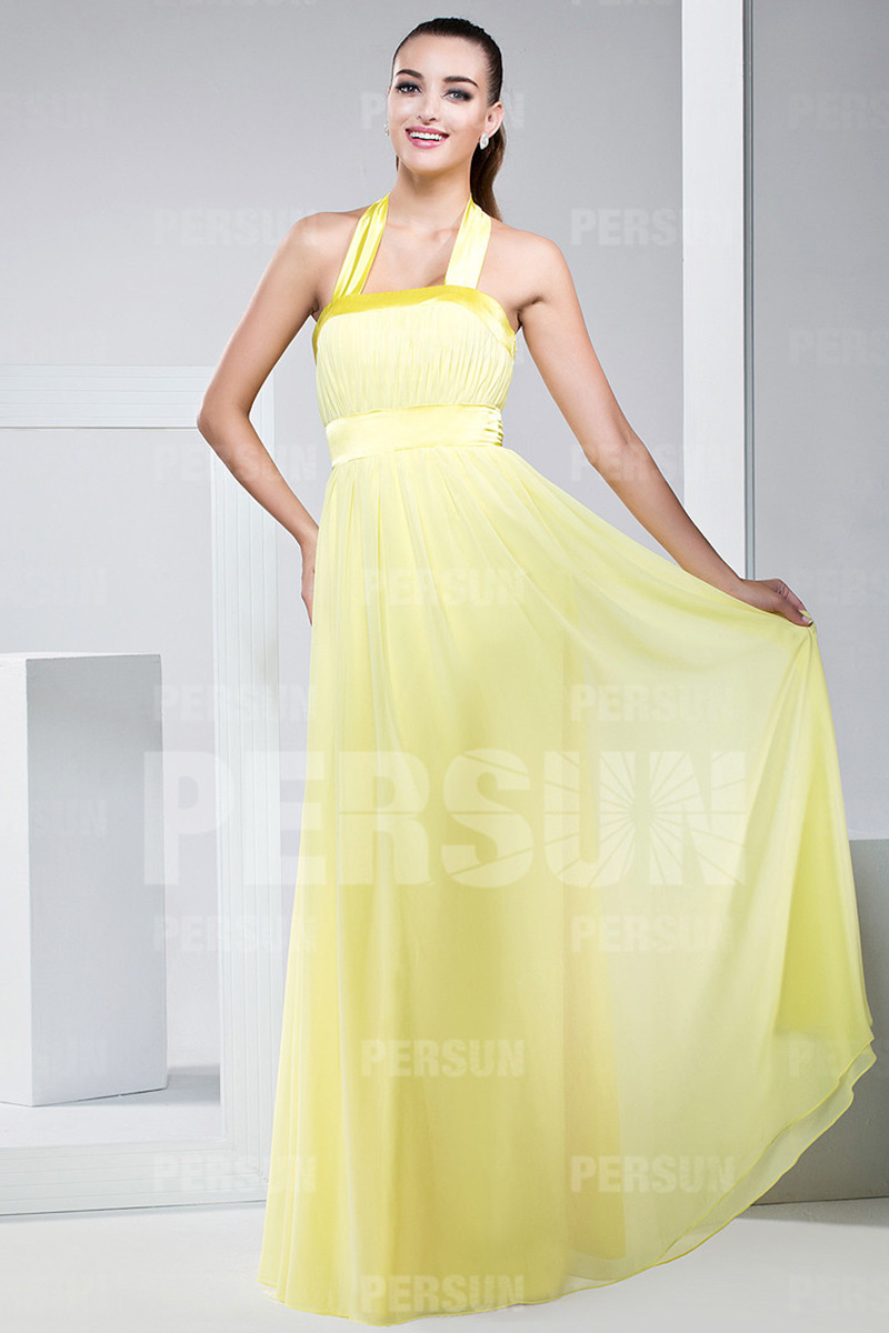 Cute Ribbon Pleats Halter Chiffon Yellow A line Formal Bridesmaid Dress