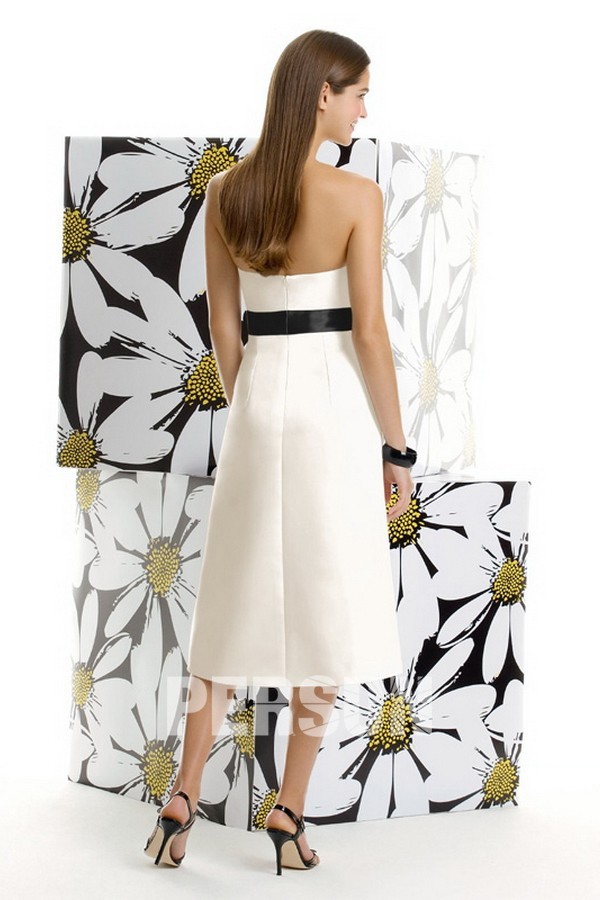 Strapless Ivory Taffeta Tea length Formal Bridesmaid Dress with Ribbon