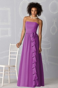 Ruffles Strapless Satin A line Long Formal Bridesmaid Dress