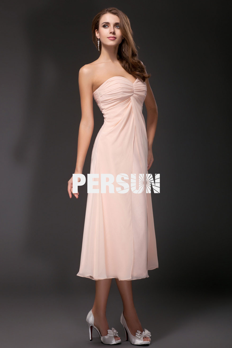 Sweetheart Tea length Formal Bridesmaid Dress in pale pink chiffon