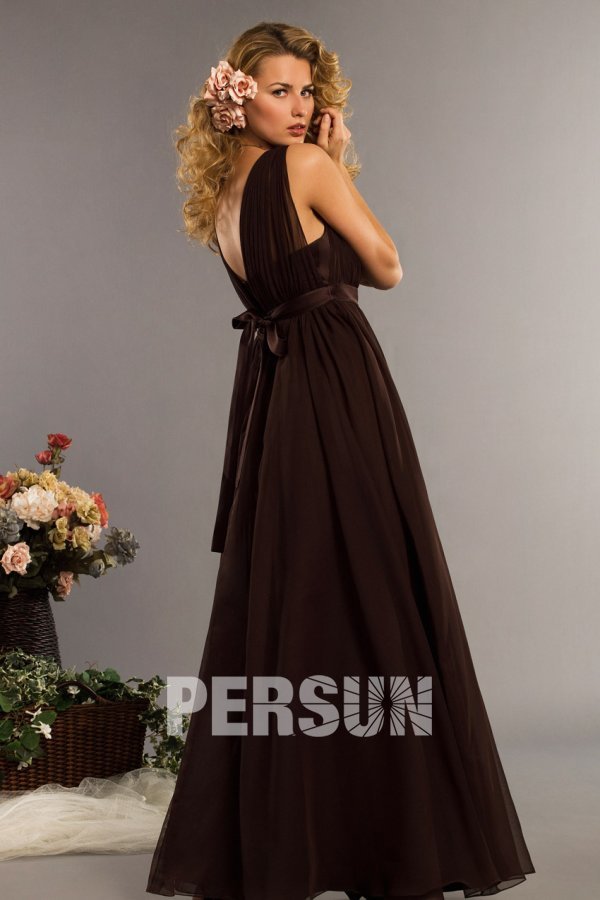 Sash Straps Chiffon Coffee Long Formal Bridesmaid Dress