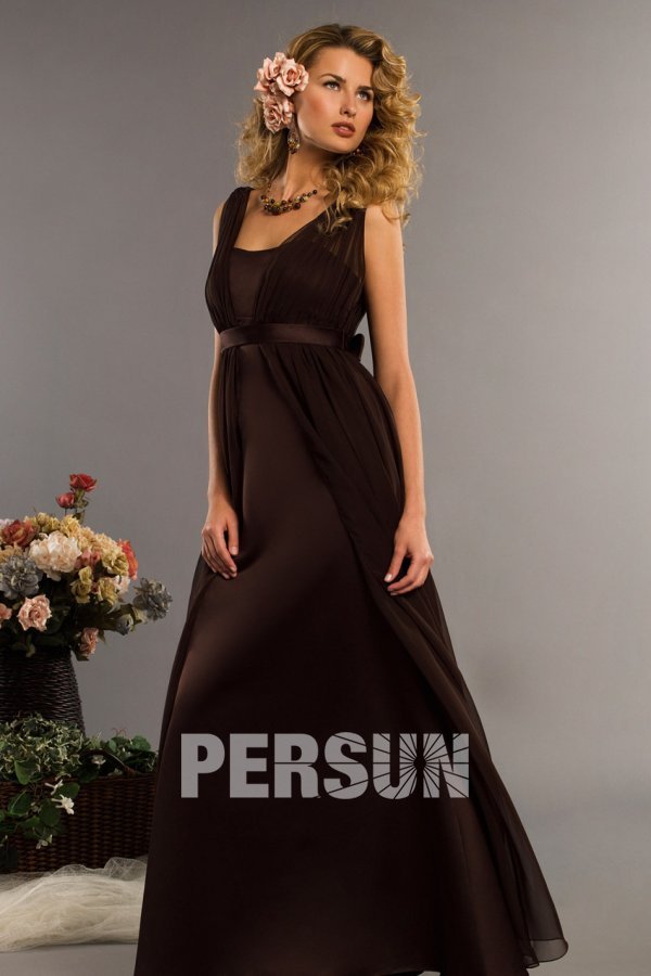 Sash Straps Chiffon Coffee Long Formal Bridesmaid Dress