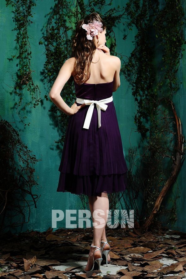Belt Pleats Tiers Strapless Satin Purple Formal Bridesmaid Dress