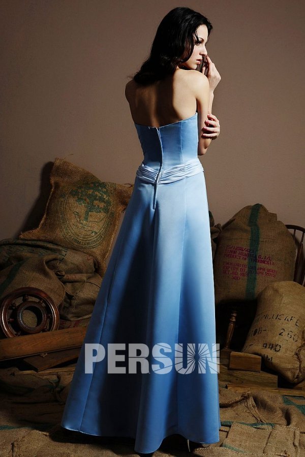 Belt Strapless Satin Blue A line Long Formal Bridesmaid Dress