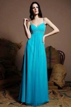 Simple Spaghetti Straps Chiffon A line Blue Long Formal Bridesmaid Dress