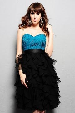 Ruffle Sweetheart Chiffon Blue&Black A line Knee Length Formal Bridesmaid Dress