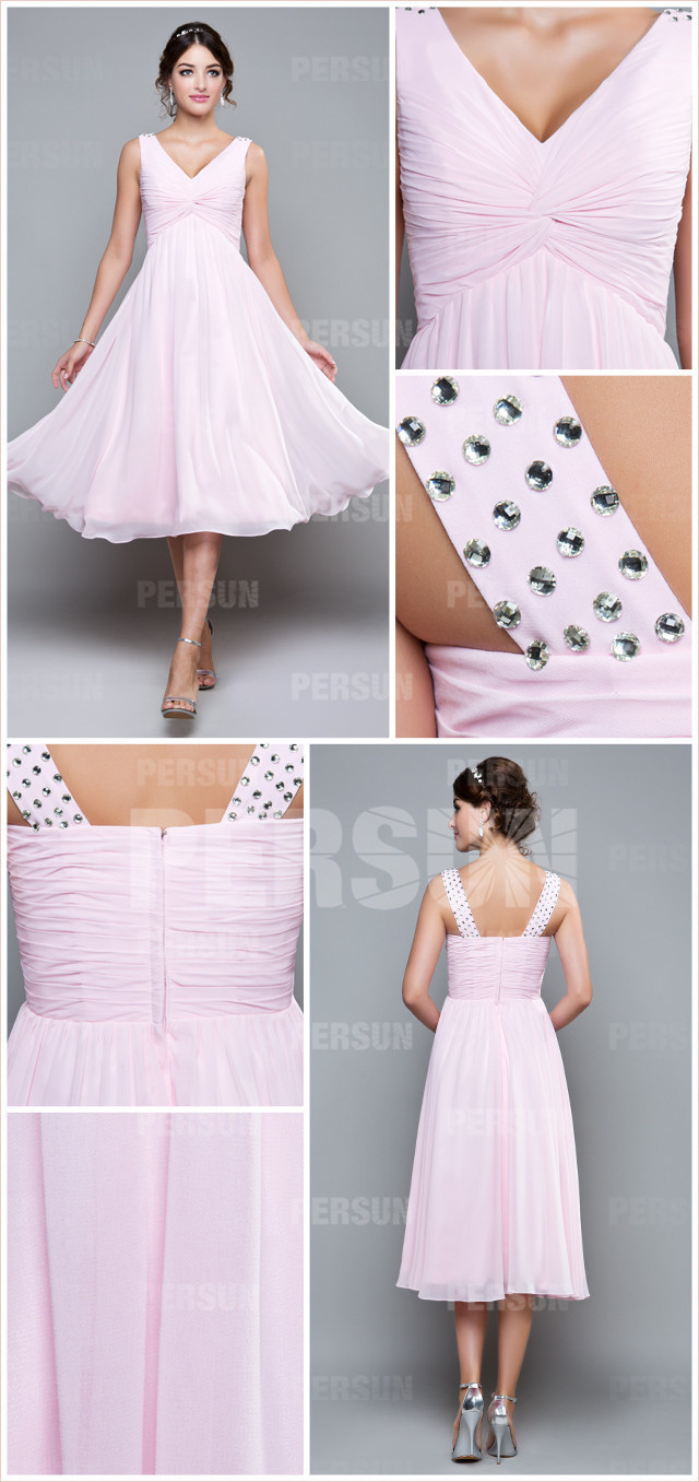  pink chiffon a line knee length bridesmaid dress details