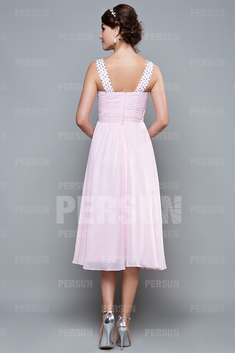 Ruched V neck Chiffon A line Tea length Formal Bridesmaid gown
