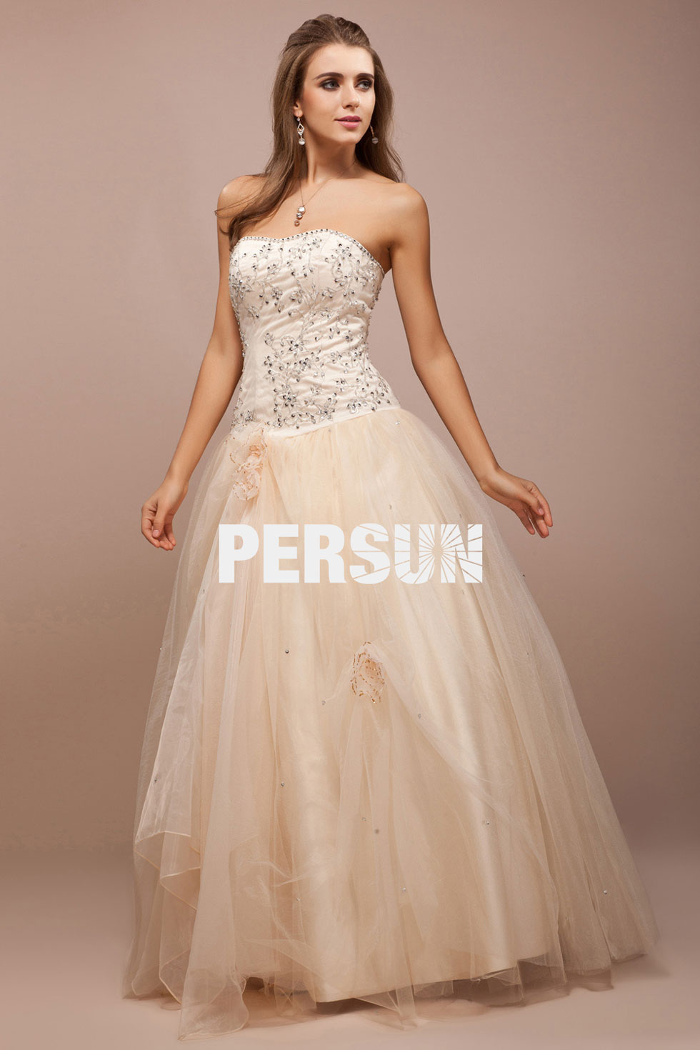 Sweetheart Applique Flower Tulle Ball Gown Prom Dress