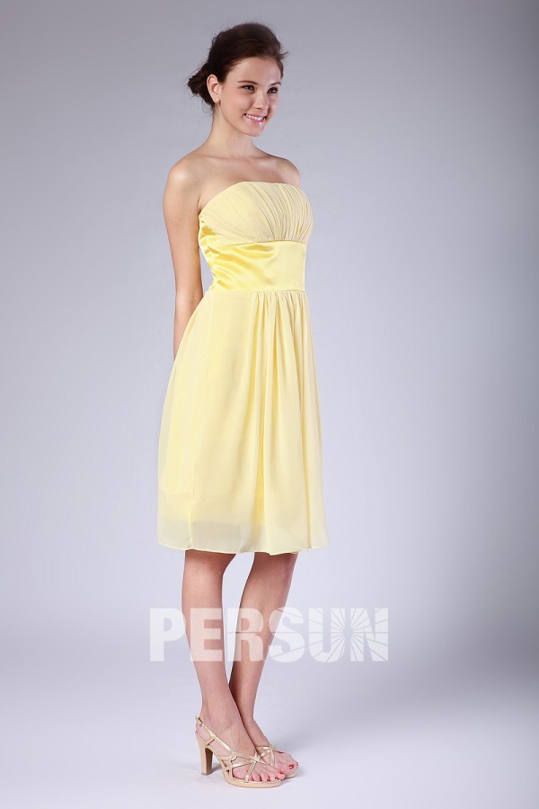Ruched Strapless Chiffon Knee Length A line Formal Bridesmaid Dress