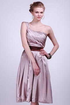 Pleated One Shoulder Satin Knee Length Formal Bridesmaid Dress