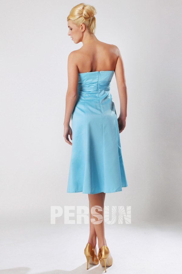 Strapless Tea Length Blue Formal Bridesmaid Dress in Satin