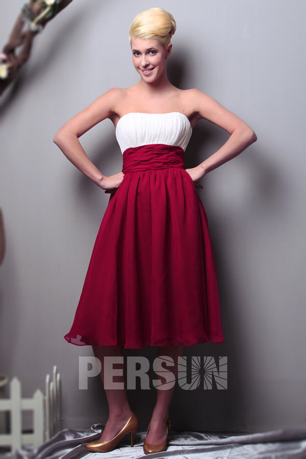 Ruched Strapless Chiffon Knee Length Red Formal Bridesmaid Dress