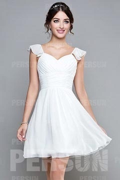 Chiffon Cap Sleeve Ruching Knee Length White Formal Bridesmaid Dress