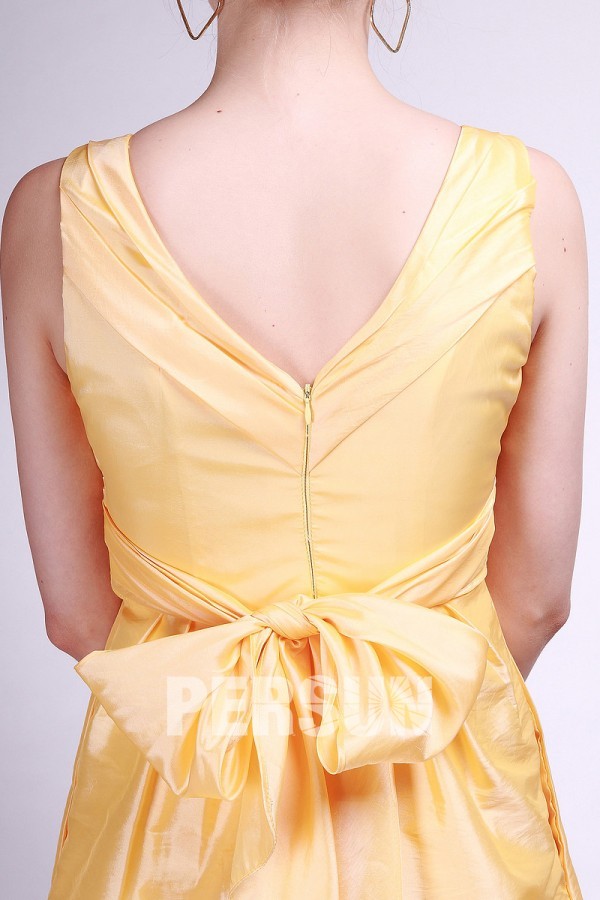 Straps Yellow Ruching Knee Length Taffeta Formal Bridesmaid Dress