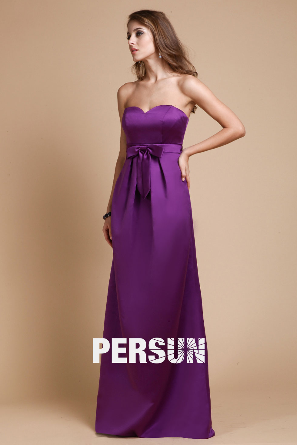 Satin Sweetheart Bow Sash A line Purple Formal Bridesmaid Dress