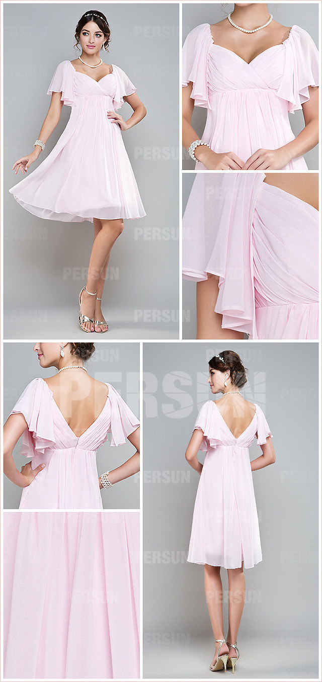  pink cap sleeves chiffon knee length bridesmaid dress details