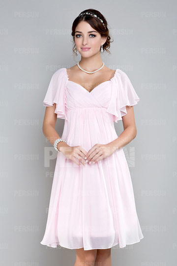 Pink Cap Sleeve Ruching Knee Length Chiffon Bridesmaid Dress
