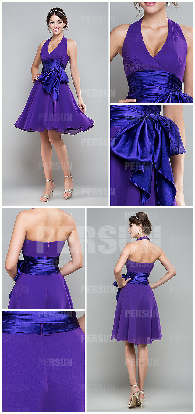  sexy halter purple sash pleats chiffon bridesmaid dress