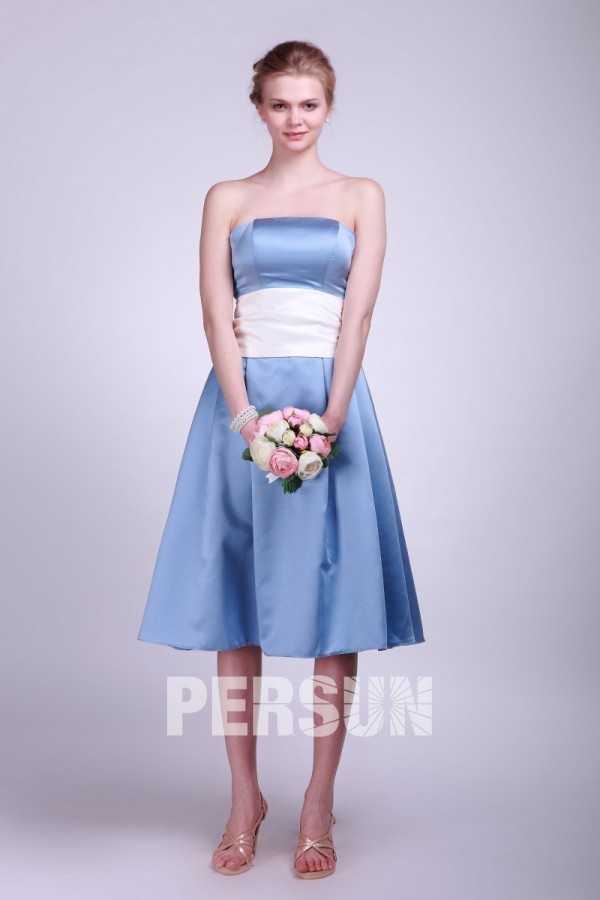 Strapless Blue Pleats Knee Length Satin Formal Bridesmaid Dress