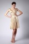 Ruching Pleated Off Shoulder Knee Length Gold Formal Bridesmaid Dress