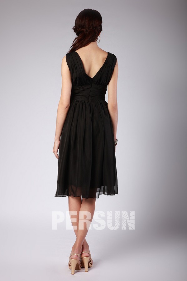 Ruching Pleated Chiffon Straps Black Knee Length Formal Bridesmaid Dress