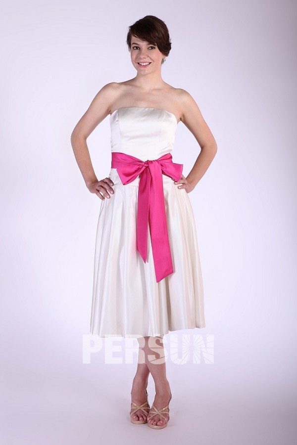 Ruching Sash Satin Strapless Tea Length Formal Bridesmaid Dress