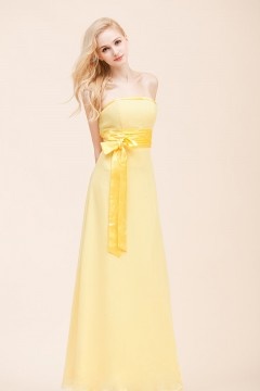 Sash Strapless Chiffon A line Yellow Long Formal Bridesmaid Dress