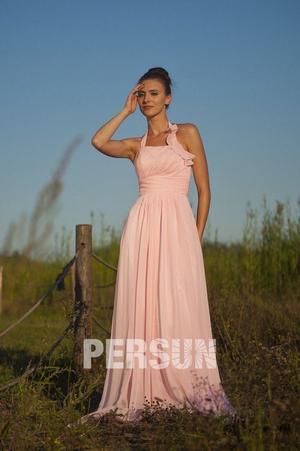 Halter Pink Ruching Pleated Long A line Chiffon Formal Bridesmaid Dress