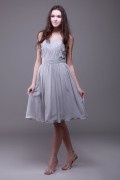 Strapless Grey Pleated Knee Length A line Chiffon Formal Bridesmaid Dress