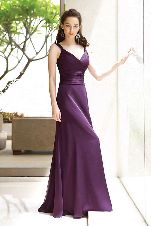 Chiffon Straps Ruching Ruffle Purple Long Formal Bridesmaid Dress