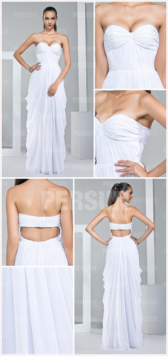  white sexy backless sweetheart ruched chiffon long bridesmaid dress details