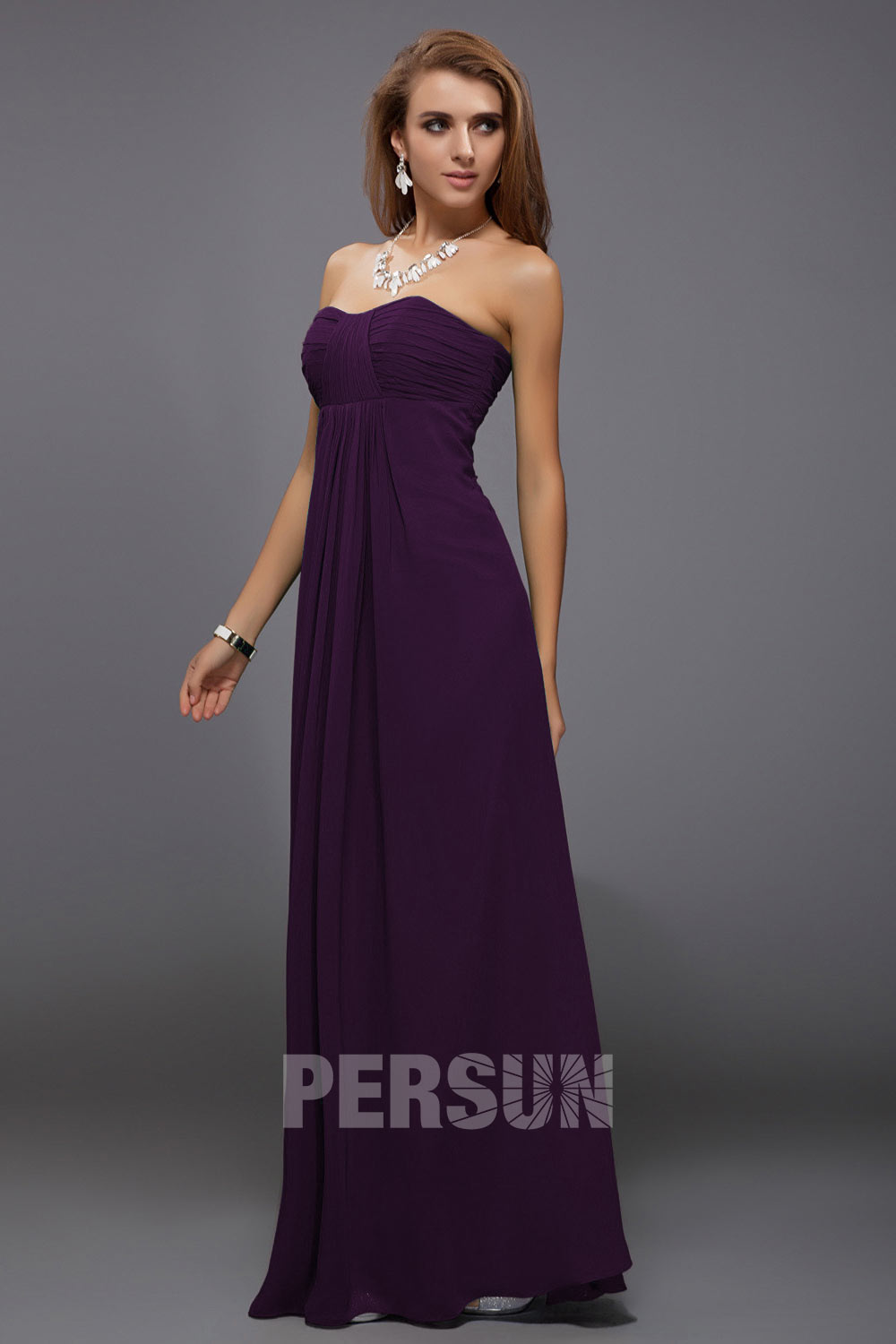 Ruched Strapless Empire A line Chiffon Long Formal Bridesmaid Dress