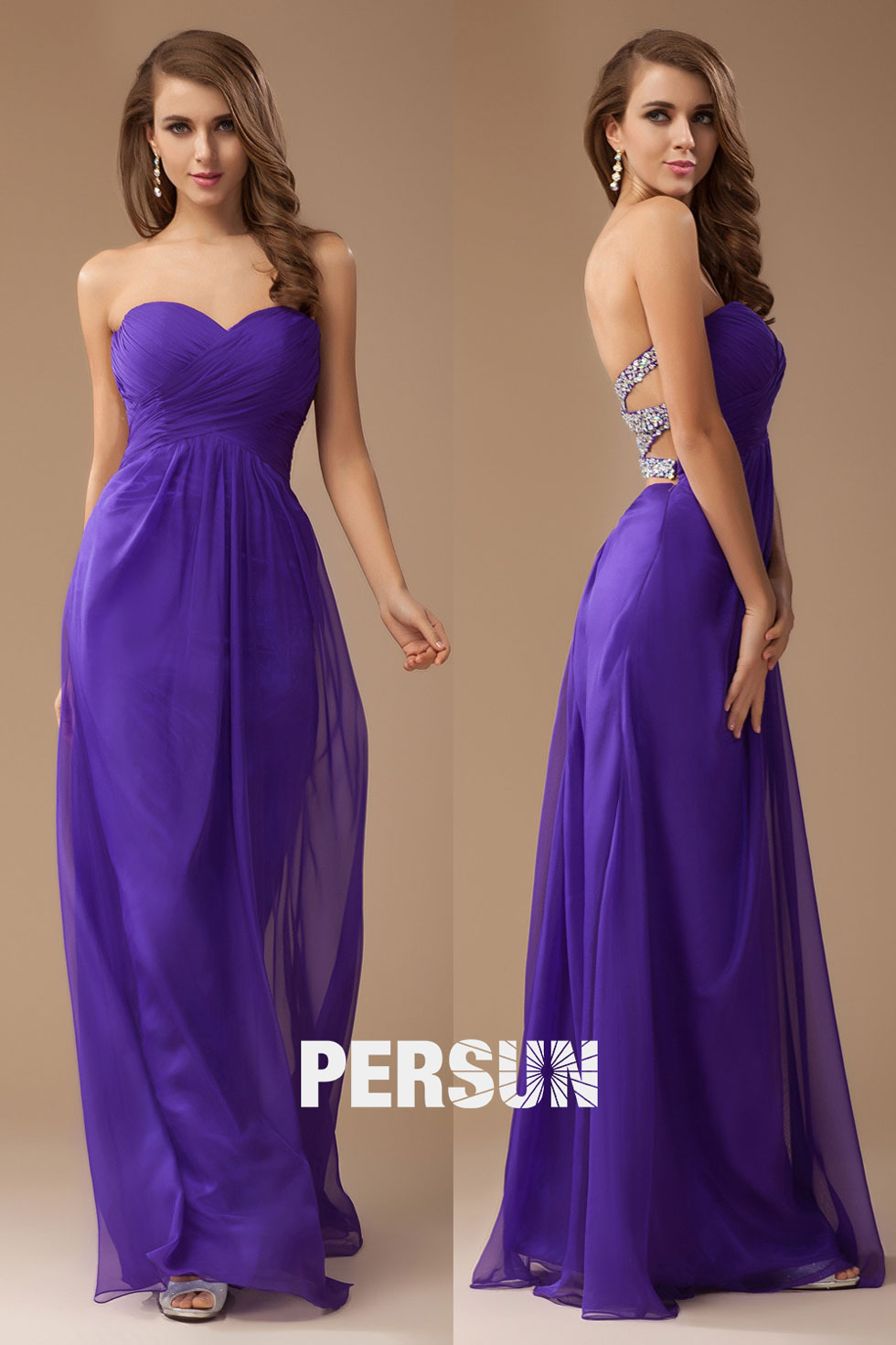 Sexy Backless Ruched Empire A line Chiffon Long Formal Bridesmaid Dress