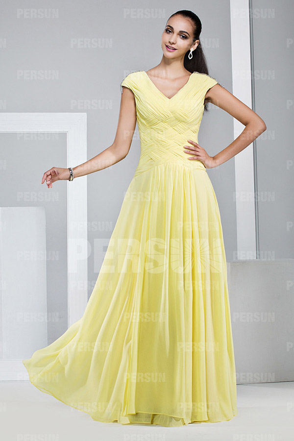 Simple Yellow V Neck Chiffon Floor Length Formal Dress