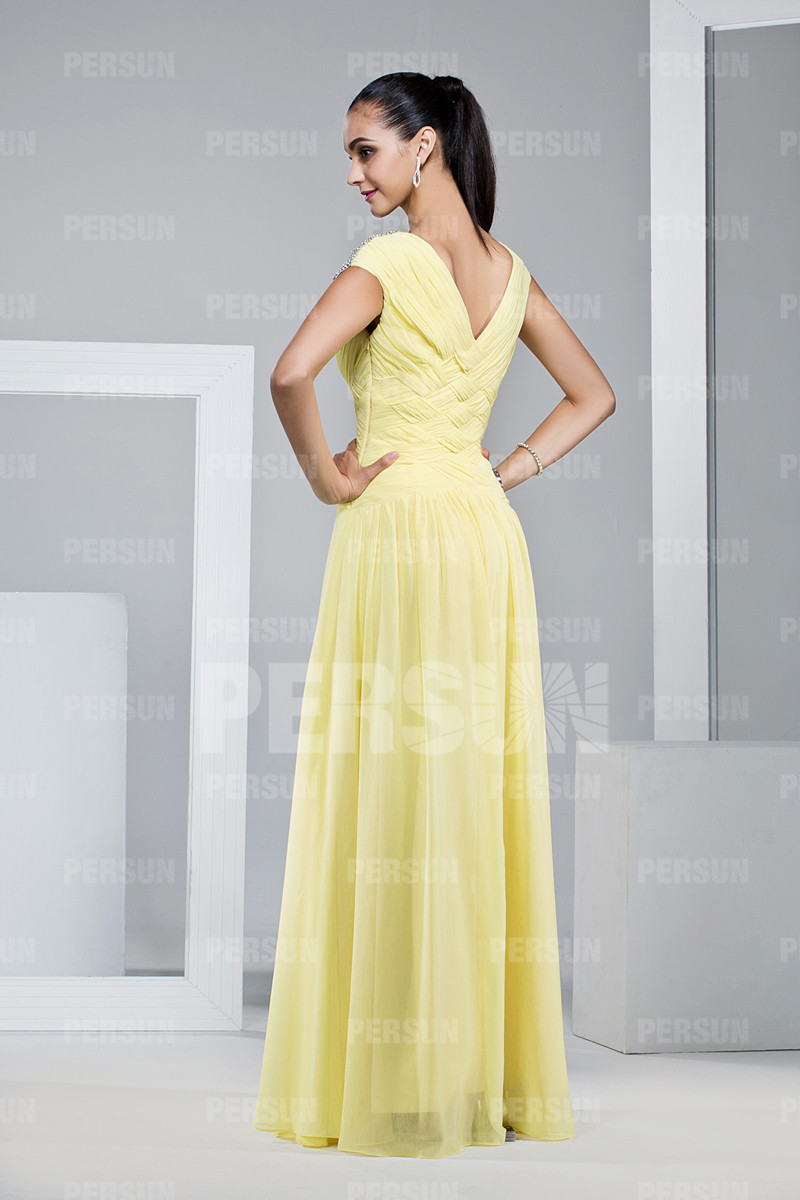 Simple Yellow V Neck Chiffon Floor Length Formal Dress
