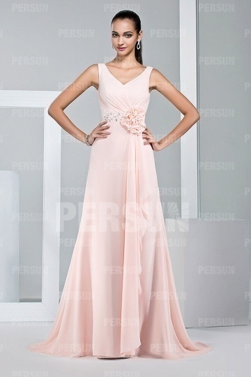 Dressesmall Elegant Pink Strap Ruffles Chiffon Floor Length Formal Dress