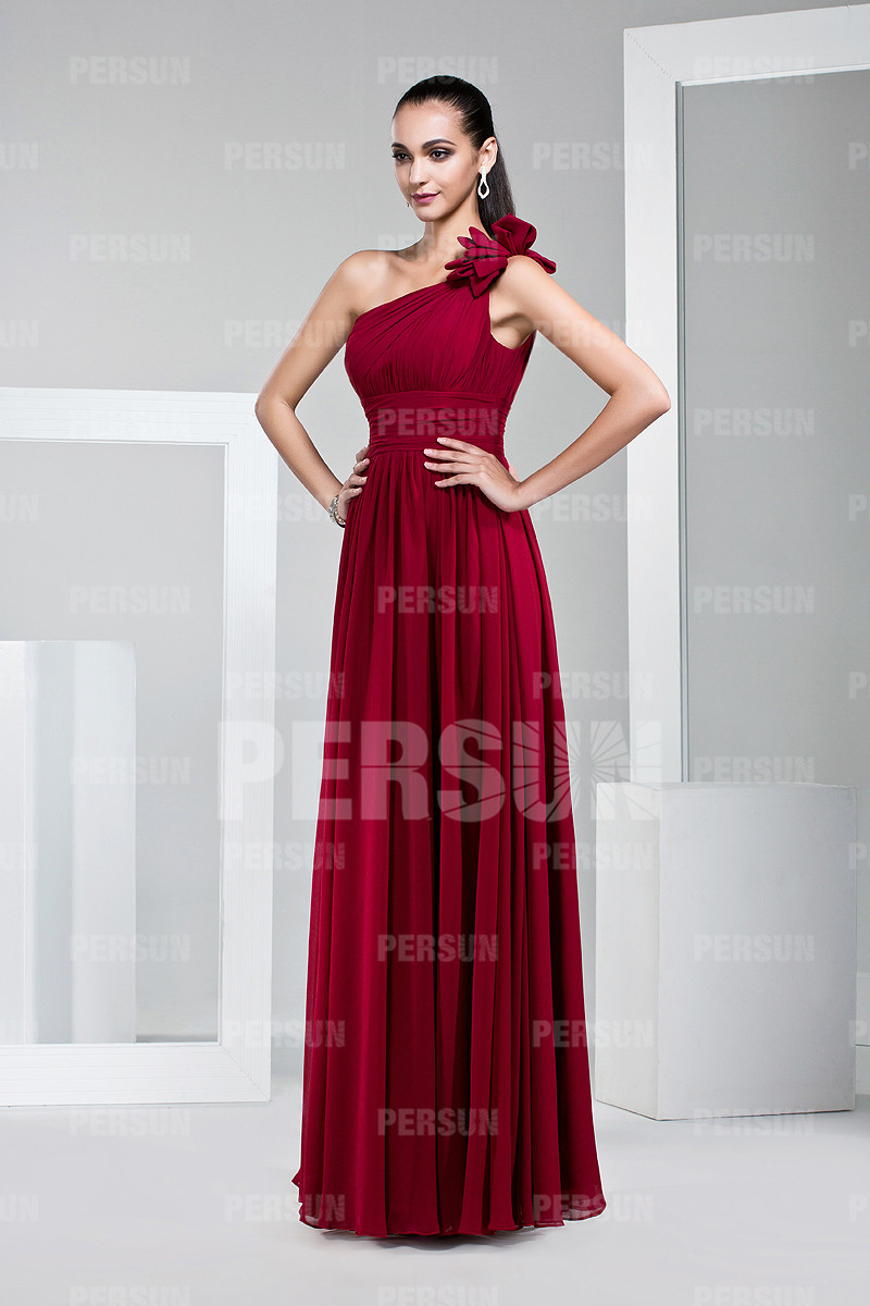 One Shoulder Zipper Red Tone Chiffon Full Length Prom Dress