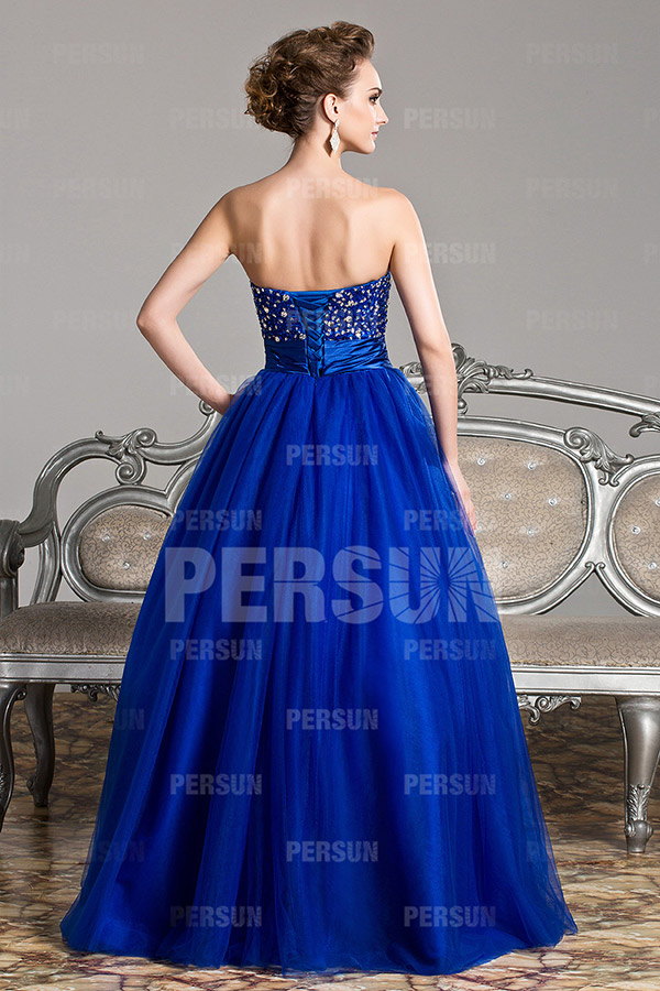 Chic Beading Strapless Tulle Ball Gown Evening Dress